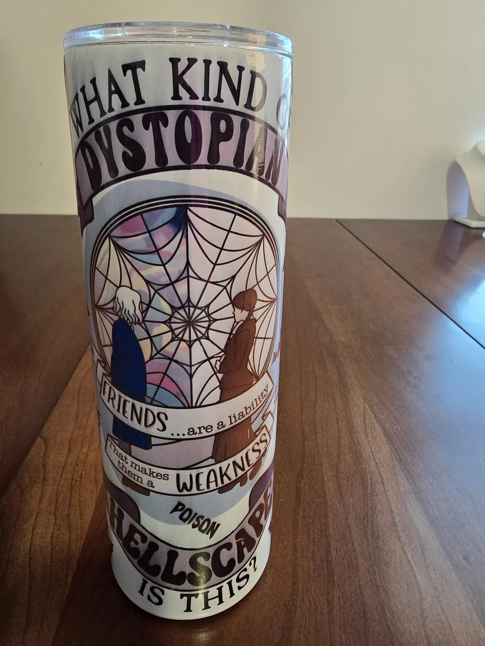What Kind of Dystopian? Decorative White and Purple Tall Tumbler